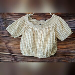 French Connection Filippa Poplin Gingham Off Shoulder Top-INCENSE: LG